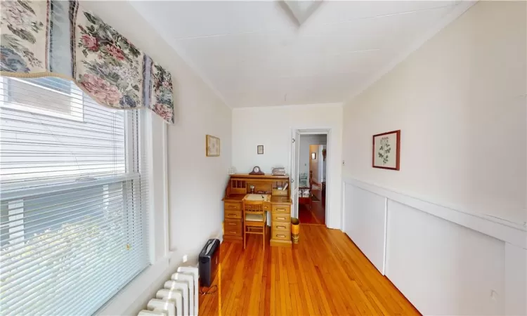 Corridor featuring radiator heating unit, a wealth of natural light, hardwood / wood-style flooring, and crown molding