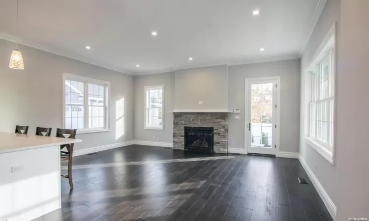 Living room with fire place and French doors