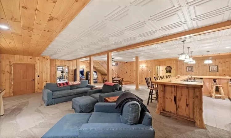 Living room with wood walls and sink