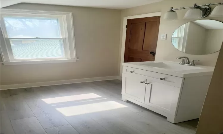 Bathroom with plenty of natural light, hardwood / wood-style floors, and vanity