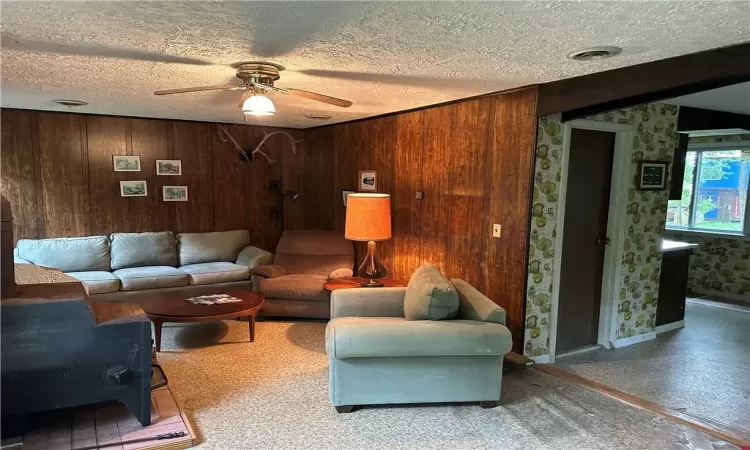 Living room featuring a a wood burning stove