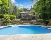 View of pool featuring a wooden deck