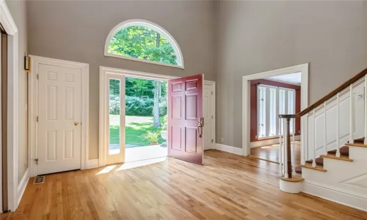 Entryway with a towering ceiling, light hardwood / wood-style floors, and plenty of natural light