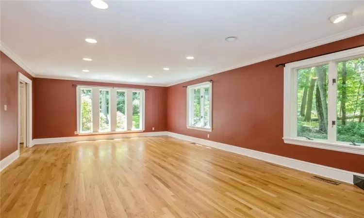 Unfurnished room featuring a healthy amount of sunlight, light hardwood / wood-style flooring, and crown molding