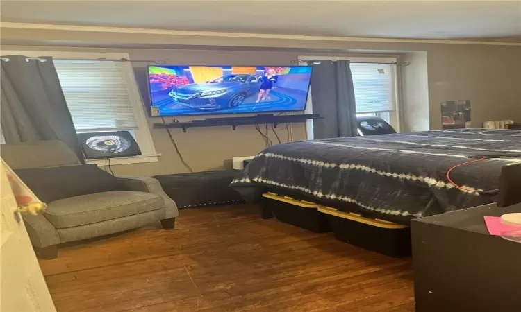 Bedroom with crown molding and wood-type flooring