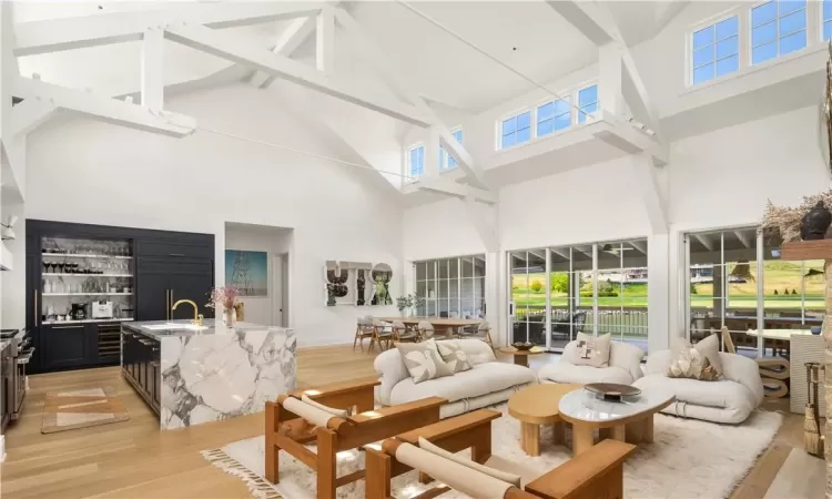 Living room with high vaulted ceiling, a wealth of natural light, and light hardwood / wood-style flooring