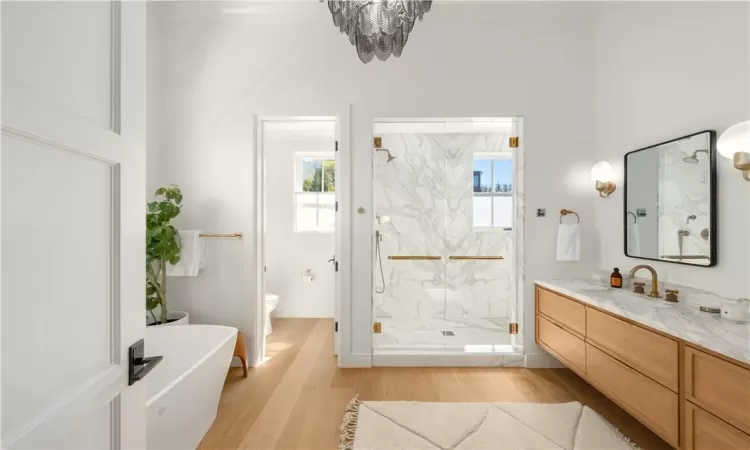 Full bathroom with hardwood / wood-style floors, shower with separate bathtub, a notable chandelier, toilet, and large vanity