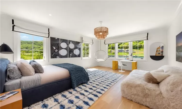 Bedroom with hardwood / wood-style floors, ornamental molding, and multiple windows