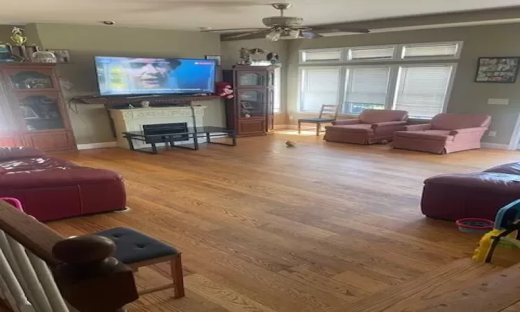 Living room featuring plenty of natural light, ceiling fan, and hardwood / wood-style floors