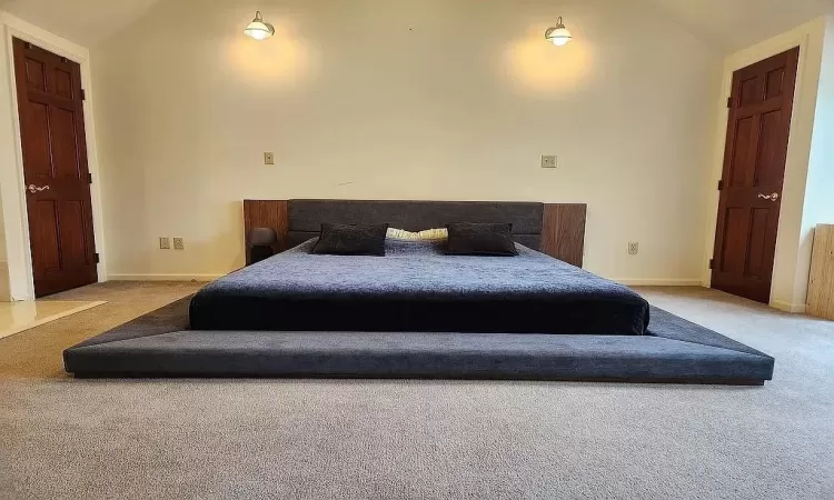 Carpeted bedroom with high vaulted ceiling