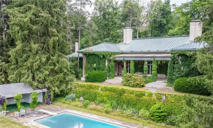 View of swimming pool featuring a diving board and a patio area