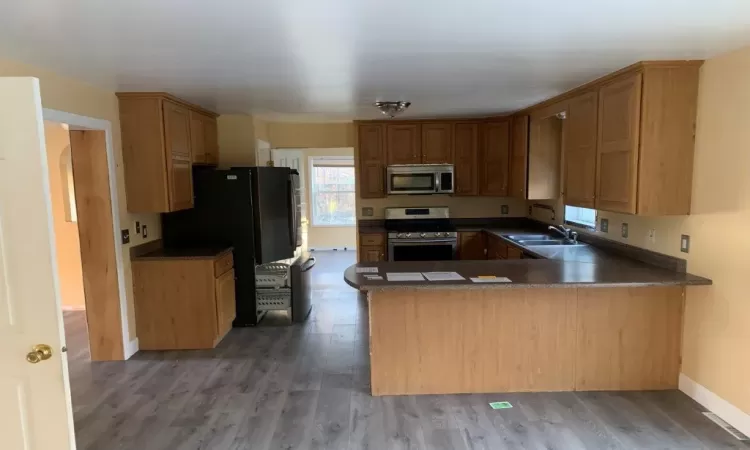 Kitchen featuring hardwood / wood-style flooring, stainless steel appliances, sink, and kitchen peninsula