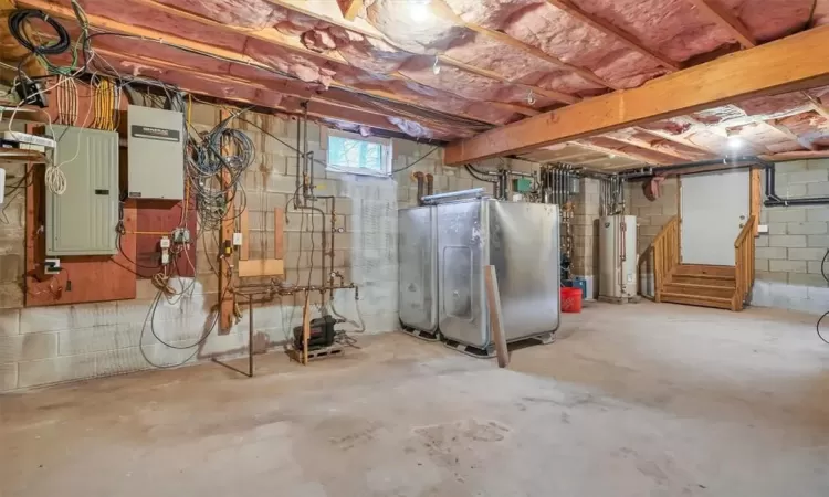 Basement featuring electric panel and gas water heater