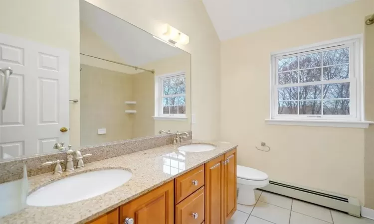 Bathroom featuring a wealth of natural light, a baseboard radiator, vanity, and toilet