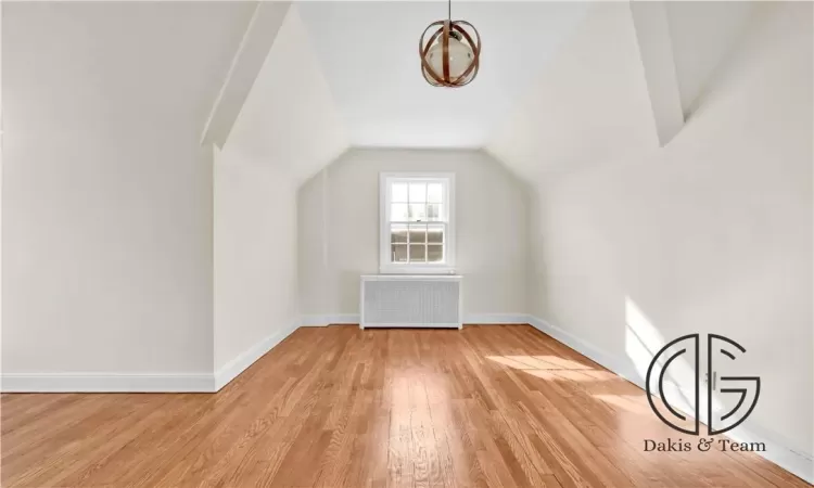 Bonus room featuring light hardwood / wood-style floors, radiator heating unit, and vaulted ceiling