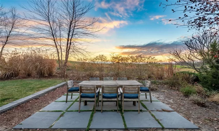 View of patio terrace at dusk