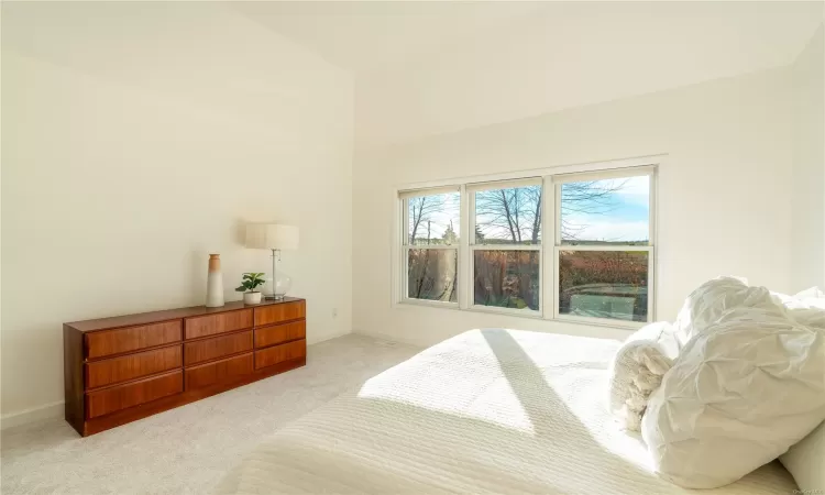 Bedroom with light colored carpet