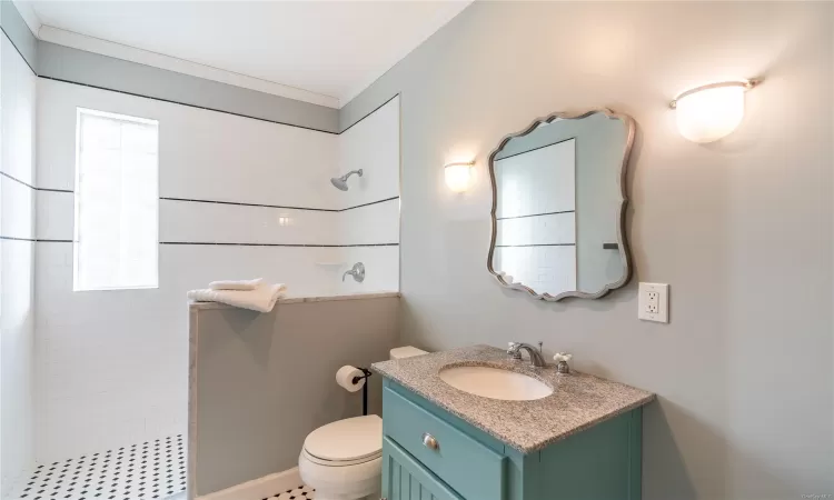 Bathroom with tiled shower, toilet, vanity, and ornamental molding