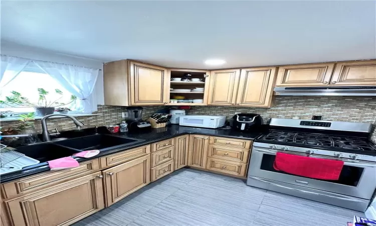 Kitchen with sink, dark stone counters, backsplash, and stainless steel range with gas cooktop