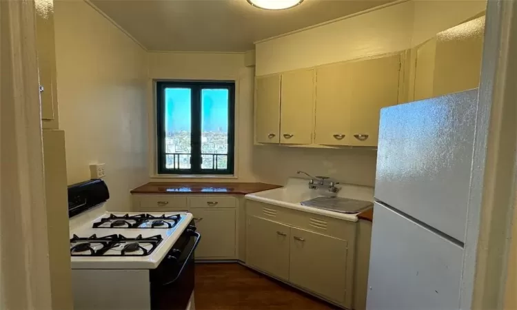 Kitchen with dark wood-type flooring and white appliances