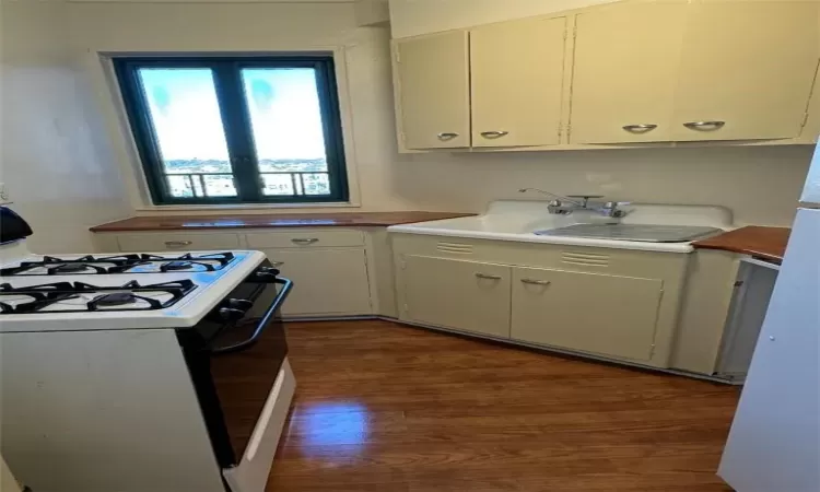 Kitchen with white cabinetry, white gas range, and dark hardwood / wood-style flooring