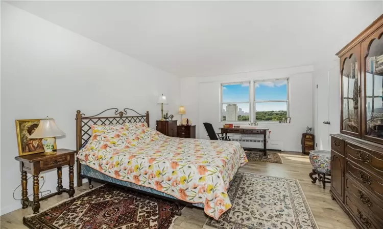 Bedroom featuring baseboard heating and light hardwood / wood-style floors