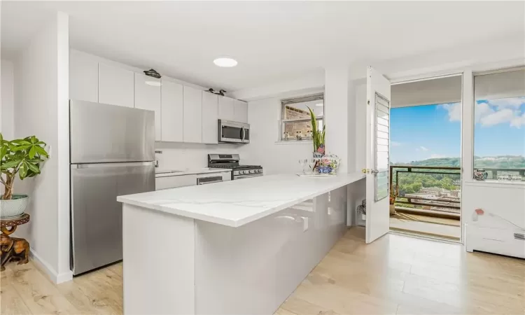 Kitchen featuring stainless steel appliances, white cabinetry, light hardwood / wood-style flooring, decorative backsplash, and kitchen peninsula