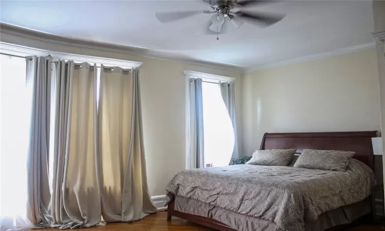 Bedroom with hardwood / wood-style flooring, ceiling fan, and multiple windows