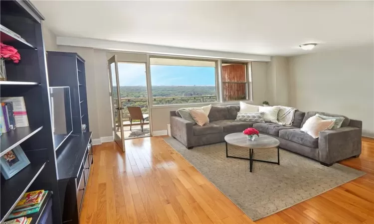 Living room with light hardwood / wood-style floors