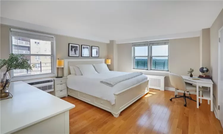 Bedroom featuring light hardwood / wood-style flooring, multiple windows, and radiator heating unit