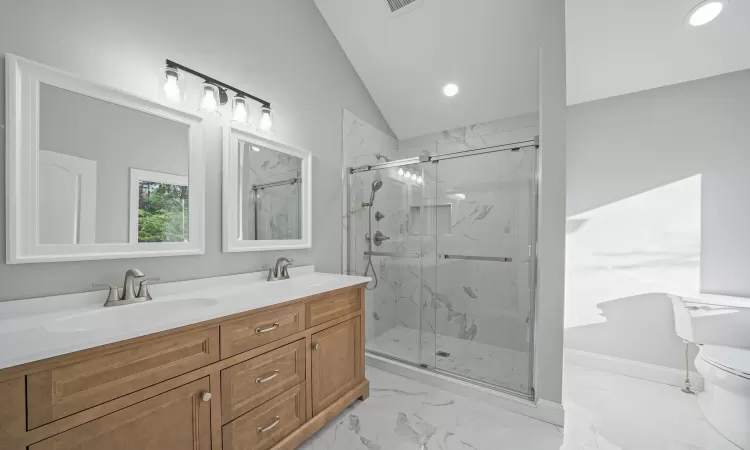 Bathroom with vanity, toilet, lofted ceiling, and a shower with door