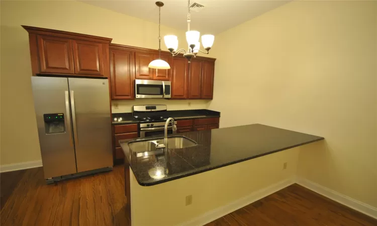 Kitchen with sink, hanging light fixtures, dark hardwood / wood-style floors, dark stone countertops, and appliances with stainless steel finishes