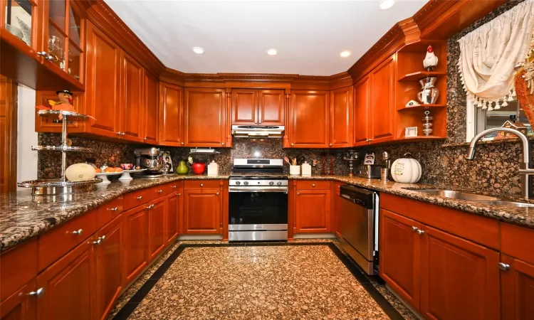 Kitchen featuring stainless steel appliances, tasteful backsplash, dark stone counters, and sink