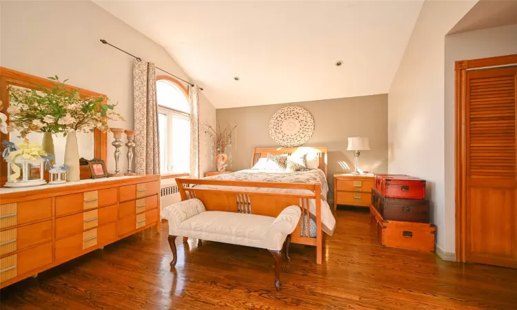 Bedroom with dark hardwood / wood-style floors, radiator heating unit, and vaulted ceiling