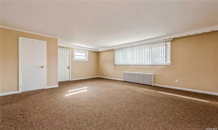 Carpeted spare room with radiator heating unit and ornamental molding