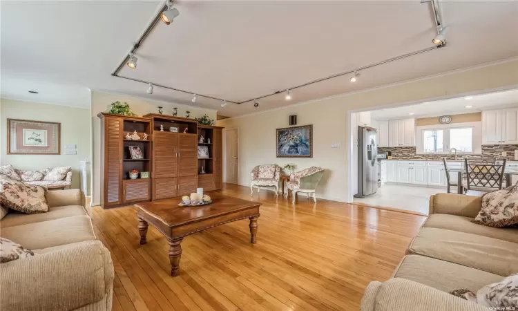 Living room featuring sink, rail lighting, ornamental molding, and light wood-type flooring