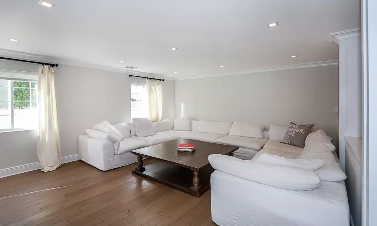 Living room featuring a wealth of natural light, hardwood / wood-style floors, and crown molding