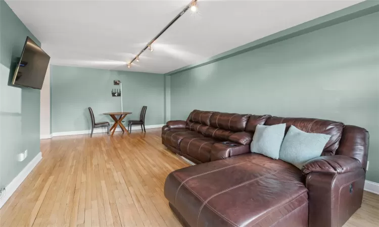 Living room with wood-type flooring and track lighting