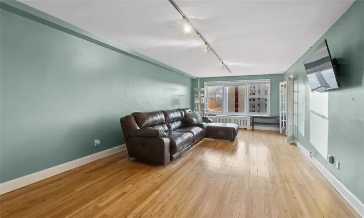 Living room with radiator heating unit, rail lighting, and light hardwood / wood-style flooring