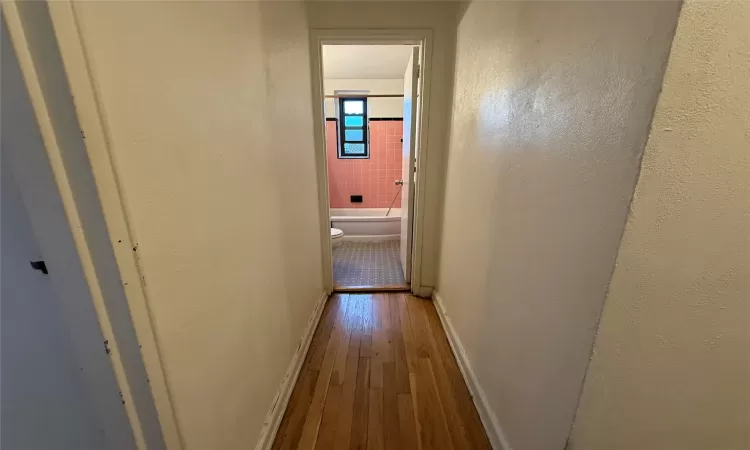 Hallway to bathroom featuring Hardwood Flooring