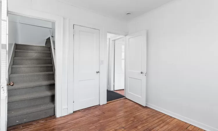 Staircase with hardwood / wood-style flooring and ornamental molding