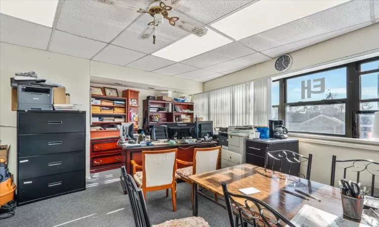 Office space with carpet, a paneled ceiling, and ceiling fan