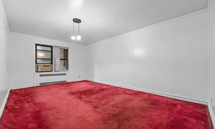 Spare room with carpet flooring, ornamental molding, and radiator