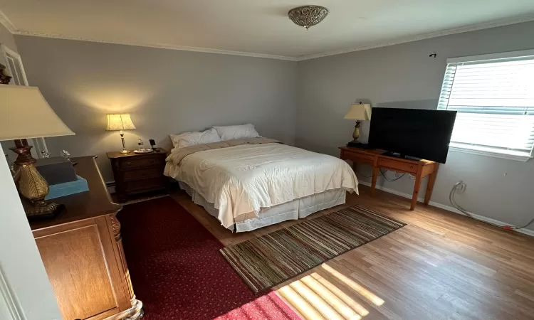 Bedroom with hardwood / wood-style floors and ornamental molding