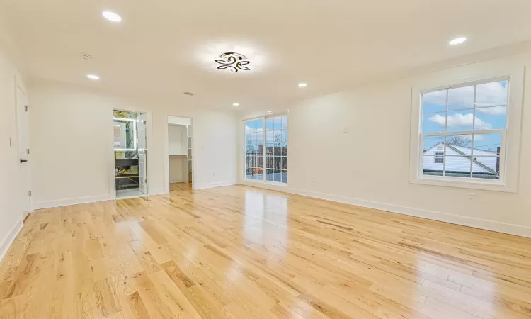 Unfurnished living room featuring a healthy amount of sunlight, light hardwood / wood-style floors, and crown molding