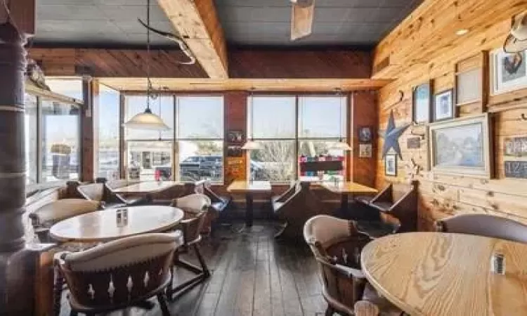 Dining area featuring wooden walls, plenty of natural light, and dark wood-type flooring