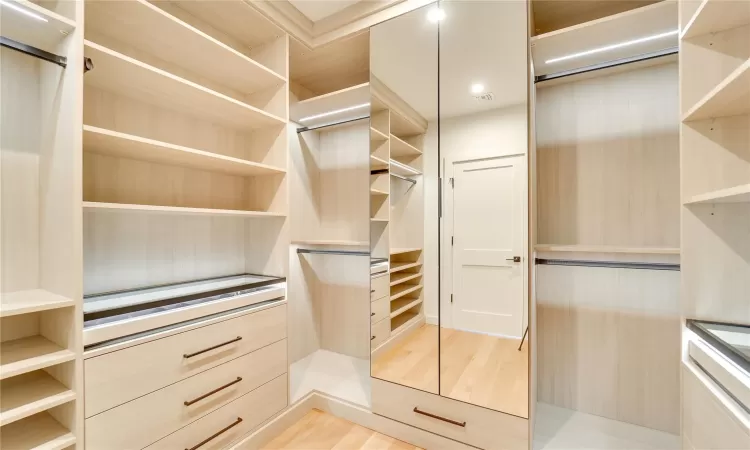 Walk in closet with wood-type flooring