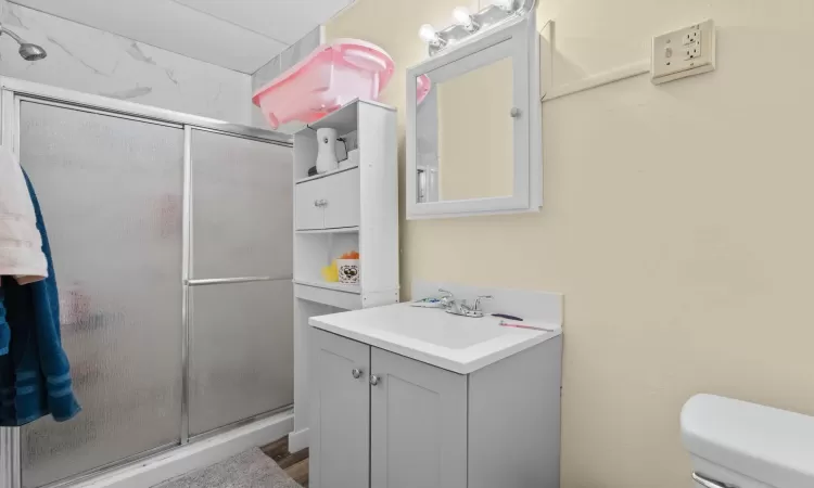 Bathroom featuring vanity, toilet, and a shower with door