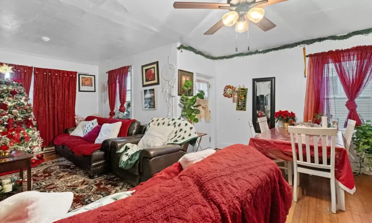 Living room featuring ceiling fan and light hardwood / wood-style floors