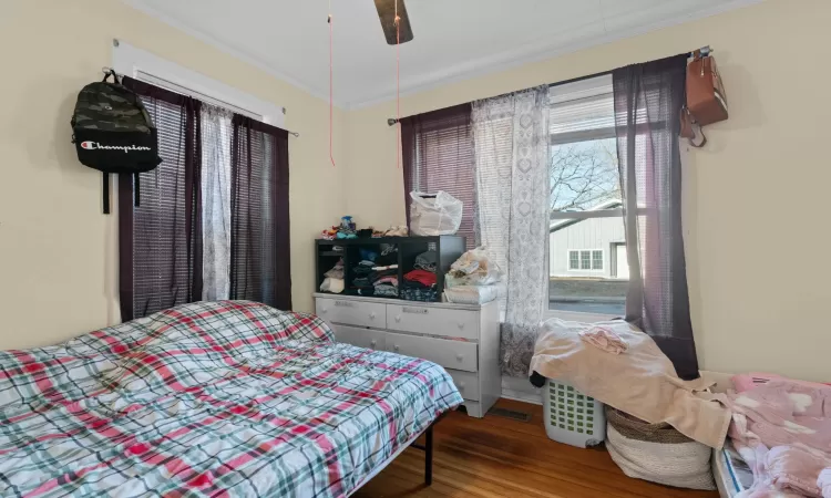 Bedroom with wood-type flooring, ceiling fan, and ornamental molding